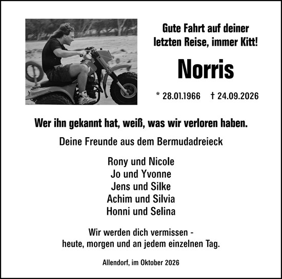 Traueranzeige von Norris  von Dill Block