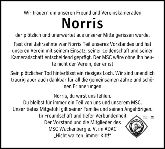 Traueranzeige von Norris Schmidt von Dill Block