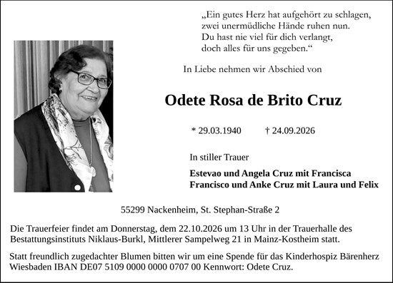 Traueranzeige von Odete Rosa de Brito Cruz von Allgemeine Zeitung Mainz