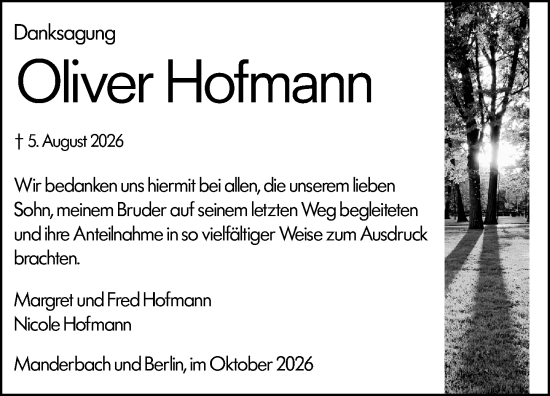 Traueranzeige von Oliver Hofmann von Dill Block