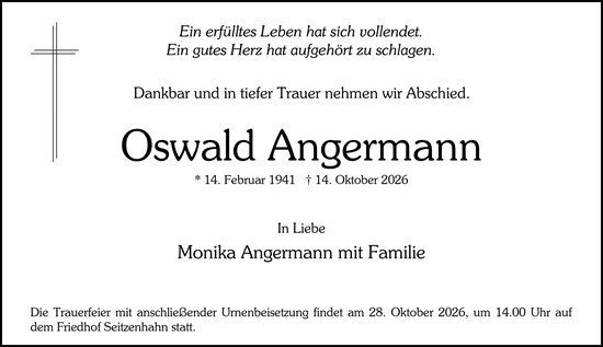 Traueranzeige von Oswald Angermann von Wiesbadener Kurier