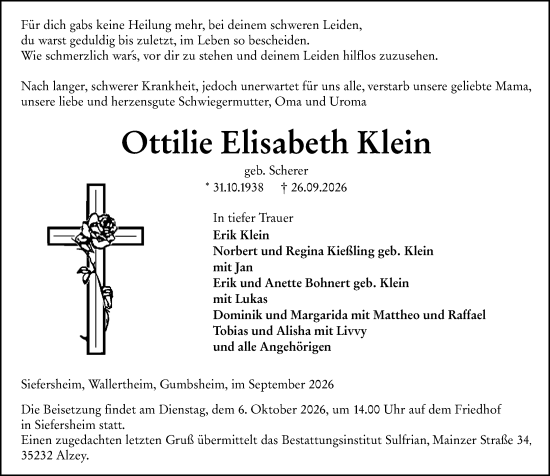 Traueranzeige von Ottilie Elisabeth Klein von Allgemeine Zeitung Alzey