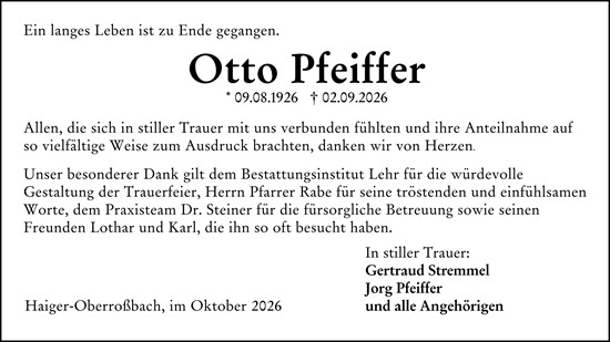 Traueranzeige von Otto Pfeiffer von Dill Block