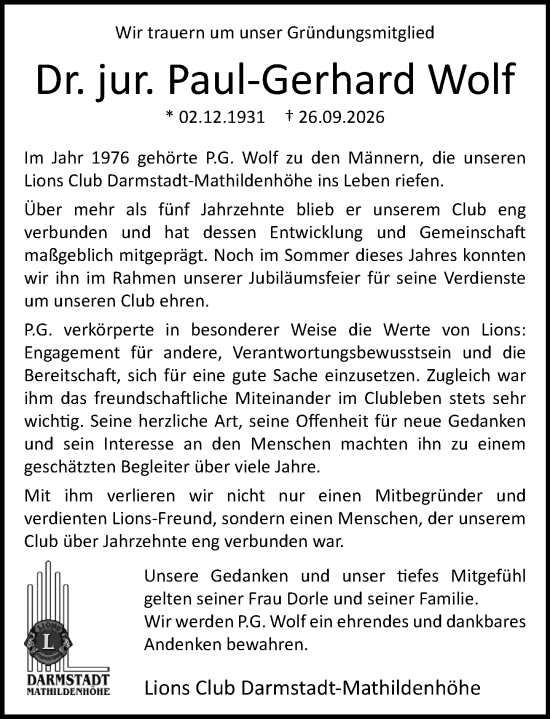 Traueranzeige von Paul-Gerhard Wolf von Darmstädter Echo