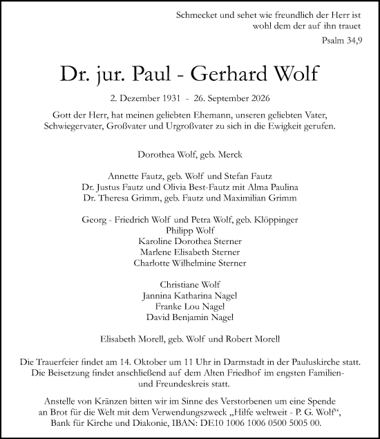 Traueranzeige von Paul-Gerhard Wolf von Darmstädter Echo