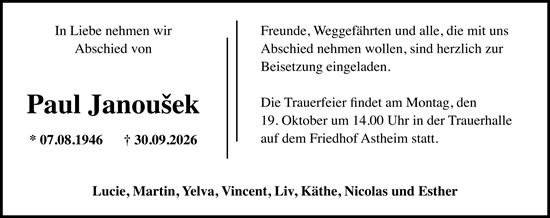 Traueranzeige von Paul Janousek von Rüsselsheimer Echo
