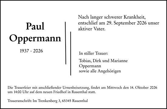 Traueranzeige von Paul Oppermann von Rheingau Kurier