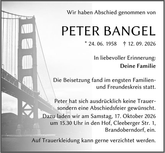 Traueranzeige von Peter Bangel von Wetzlarer Neue Zeitung