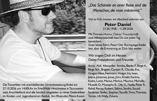 Traueranzeige von Peter Daniel von Allgemeine Zeitung Mainz