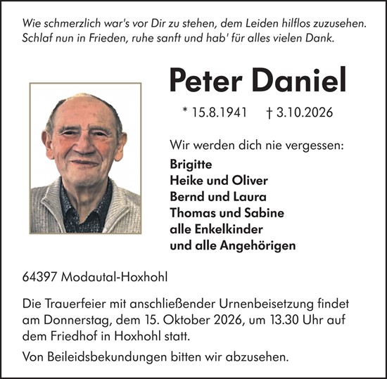Traueranzeige von Peter  Daniel von Darmstädter Echo