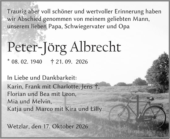 Traueranzeige von Peter-Jörg Albrecht von Wetzlarer Neue Zeitung