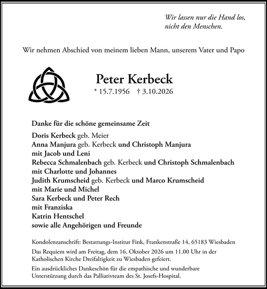 Traueranzeige von Peter Kerbeck von Wiesbadener Kurier