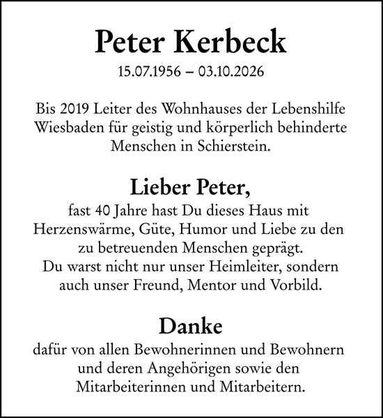 Traueranzeige von Peter Kerbeck von Wiesbadener Kurier