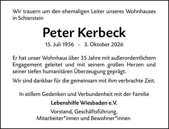 Traueranzeige von Peter Kerbeck von Wiesbadener Kurier