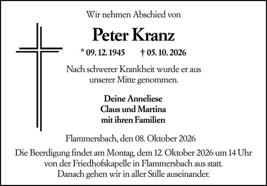 Traueranzeige von Peter Kranz von Dill Block