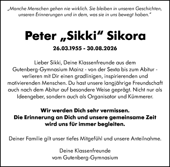 Traueranzeige von Peter Sikora von Allgemeine Zeitung Mainz