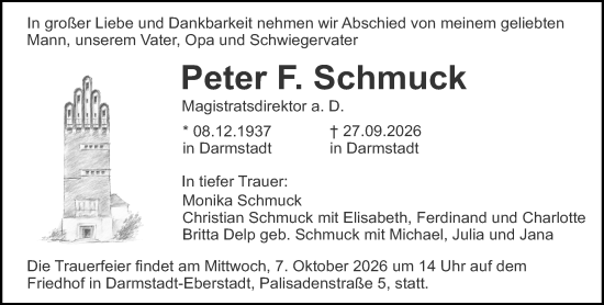 Traueranzeige von Peter F. Schmuck von Darmstädter Echo