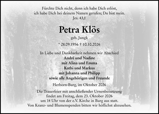 Traueranzeige von Petra Klös von Dill Block