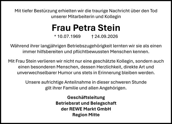 Traueranzeige von Petra Stein von Weilburger Tageblatt