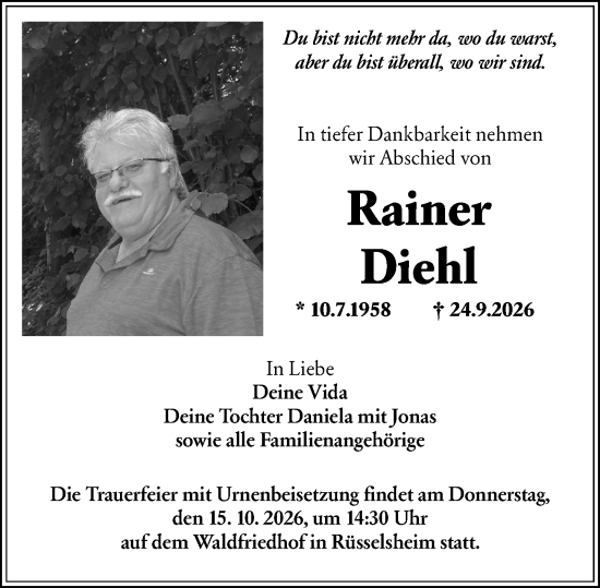 Traueranzeige von Rainer Diehl von Rüsselsheimer Echo