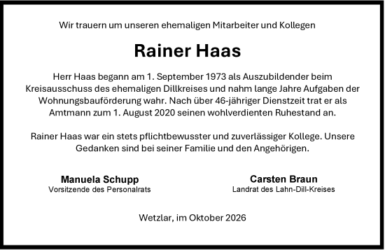 Traueranzeige von Rainer Haas von Dill Block