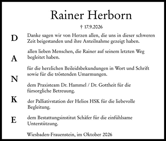 Traueranzeige von Rainer Herborn von Wiesbadener Kurier