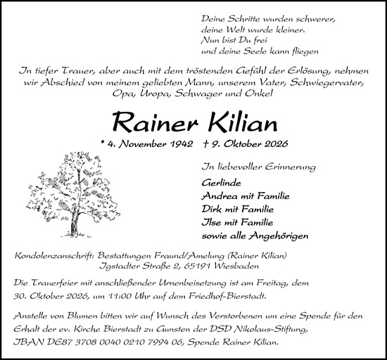 Traueranzeige von Rainer Kilian von Wiesbadener Kurier