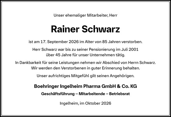 Traueranzeige von Rainer Schwarz von Allgemeine Zeitung Rheinhessen-Nahe