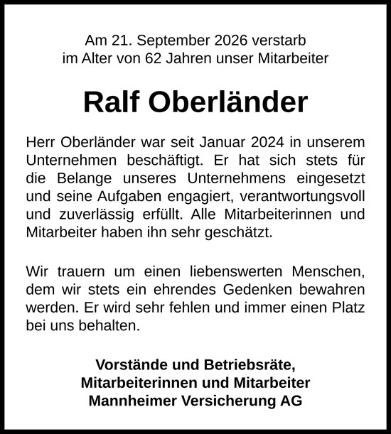 Traueranzeige von Ralf Oberländer von Allgemeine Zeitung Mainz