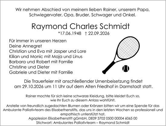 Traueranzeige von Raymond Charles Schmidt von Darmstädter Echo