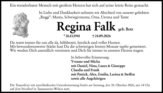 Traueranzeige von Regina Falk von Rheingau-Taunus-Kreis Wochenblatt