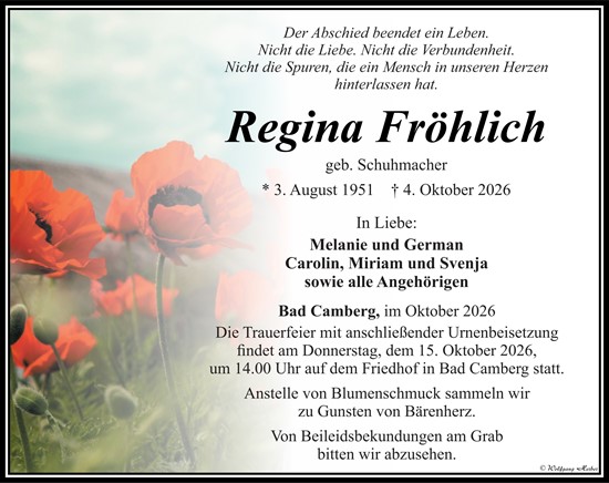 Traueranzeige von Regina Fröhlich von Camberger Anzeiger