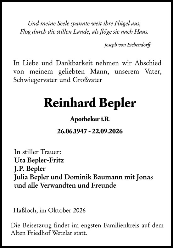 Traueranzeige von Reinhard Bepler von Wetzlarer Neue Zeitung