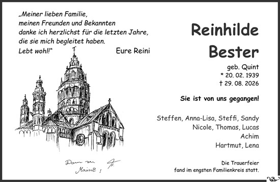Traueranzeige von Reinhilde Bester von Allgemeine Zeitung Mainz