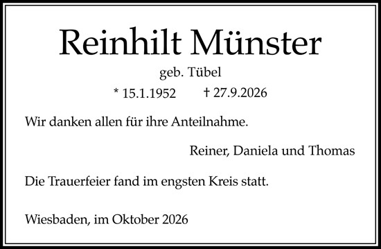 Traueranzeige von Reinhilt Münster von Wiesbadener Kurier