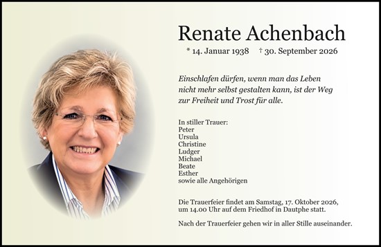 Traueranzeige von Renate Achenbach von Hinterländer Anzeiger