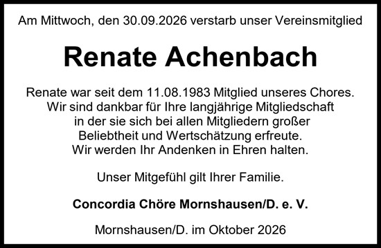 Traueranzeige von Renate Achenbach von Hinterländer Anzeiger