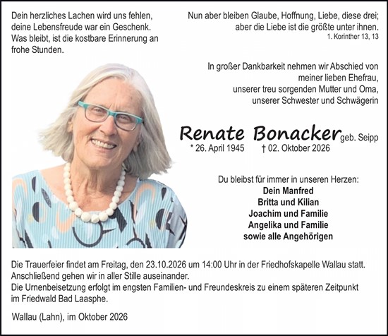 Traueranzeige von Renate Bonacker von Hinterländer Anzeiger