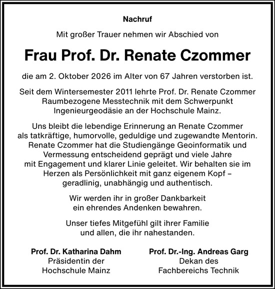 Traueranzeige von Renate Czommer von Allgemeine Zeitung Mainz