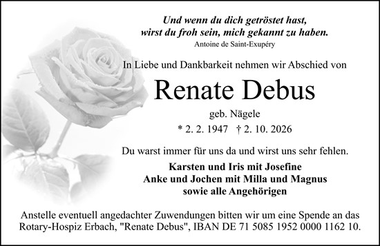 Traueranzeige von Renate Debus von Odenwälder Echo