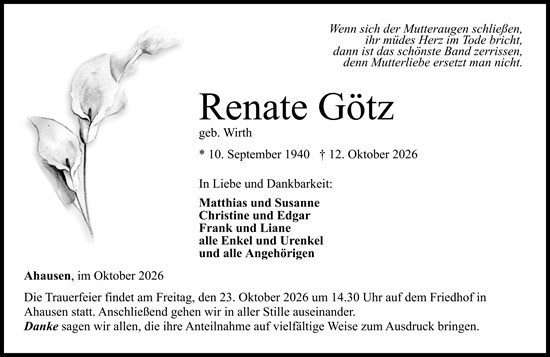 Traueranzeige von Renate Götz von Weilburger Tageblatt