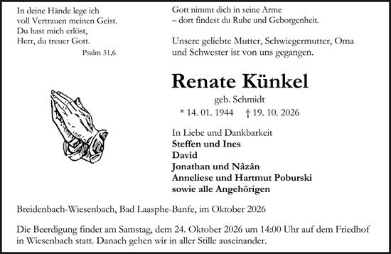 Traueranzeige von Renate Künkel von Hinterländer Anzeiger