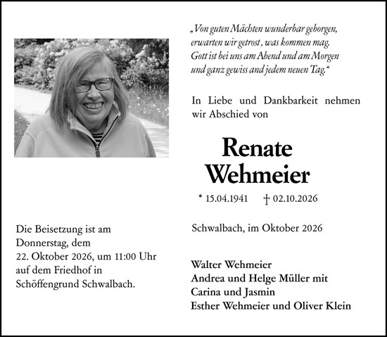 Traueranzeige von Renate Wehmeier von Wetzlarer Neue Zeitung