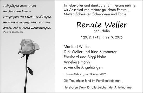 Traueranzeige von Renate Weller von Wetzlarer Neue Zeitung