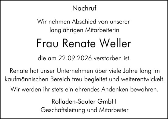Traueranzeige von Renate Weller von Wetzlarer Neue Zeitung