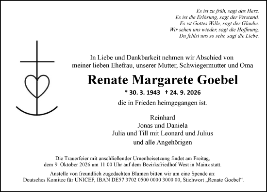 Traueranzeige von Renate Margarete Goebel von Allgemeine Zeitung Mainz
