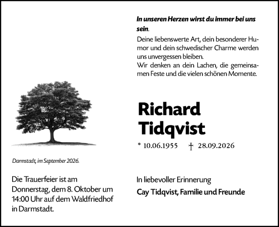 Traueranzeige von Richard Tidqvist von Darmstädter Echo