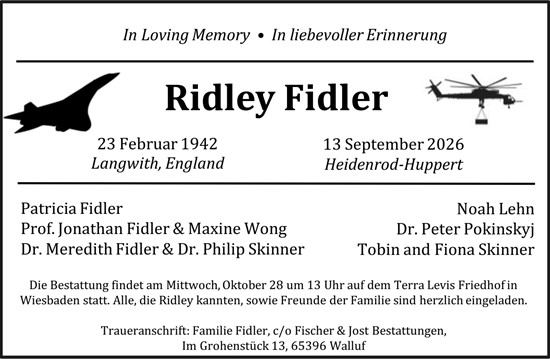 Traueranzeige von Ridley Fidler von Wiesbadener Kurier