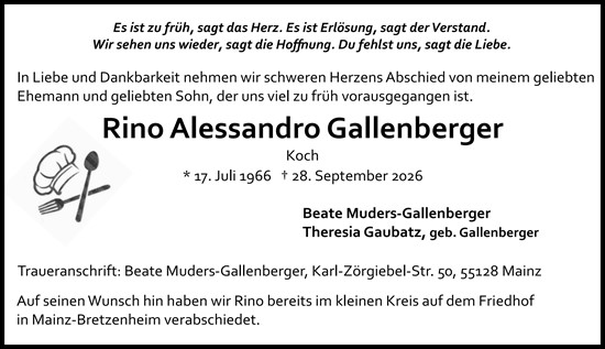 Traueranzeige von Rino Alessandro Gallenberger von Allgemeine Zeitung Mainz