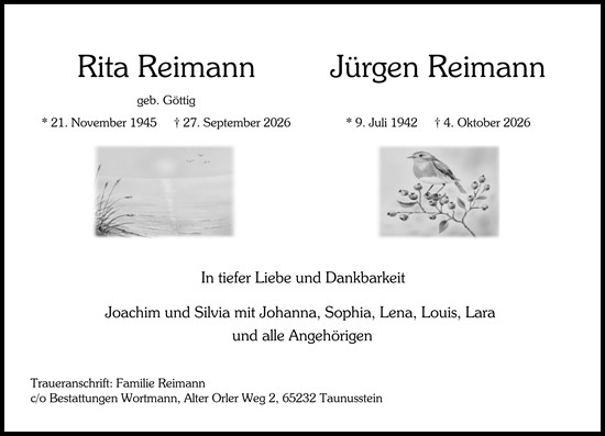 Traueranzeige von Rita Reimann von Idsteiner Land/Untertaunus